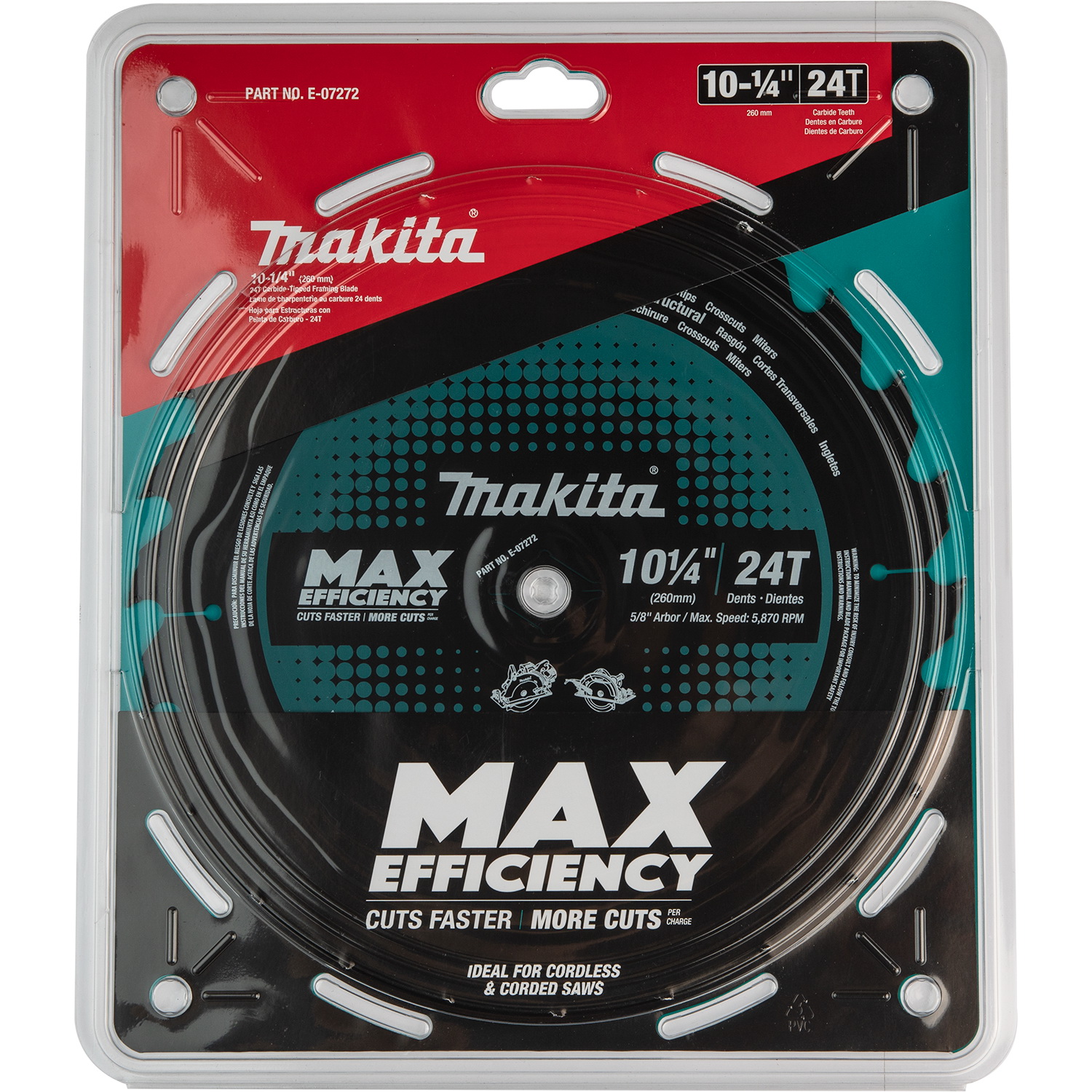 Makita E-07272 Circular Saw Blade, 10-1/4 in Dia, 5/8 in Arbor, 24-Teeth, Carbide Cutting Edge - 2