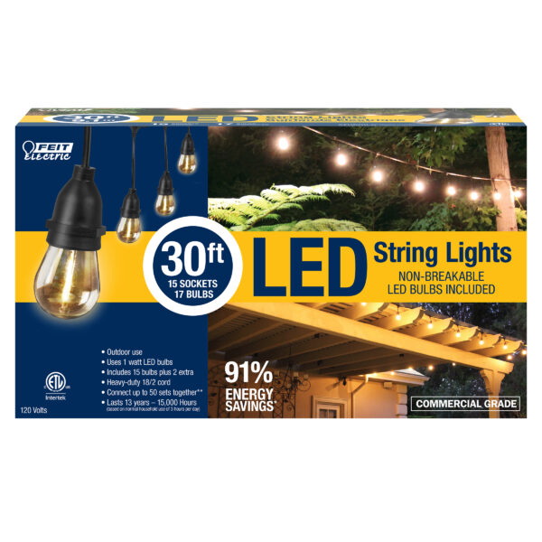 Feit Electric SL30-15/FIL String Light, 120 V, 15 W, LED Lamp, Soft White Light, 15,000 hr Average Life - 3