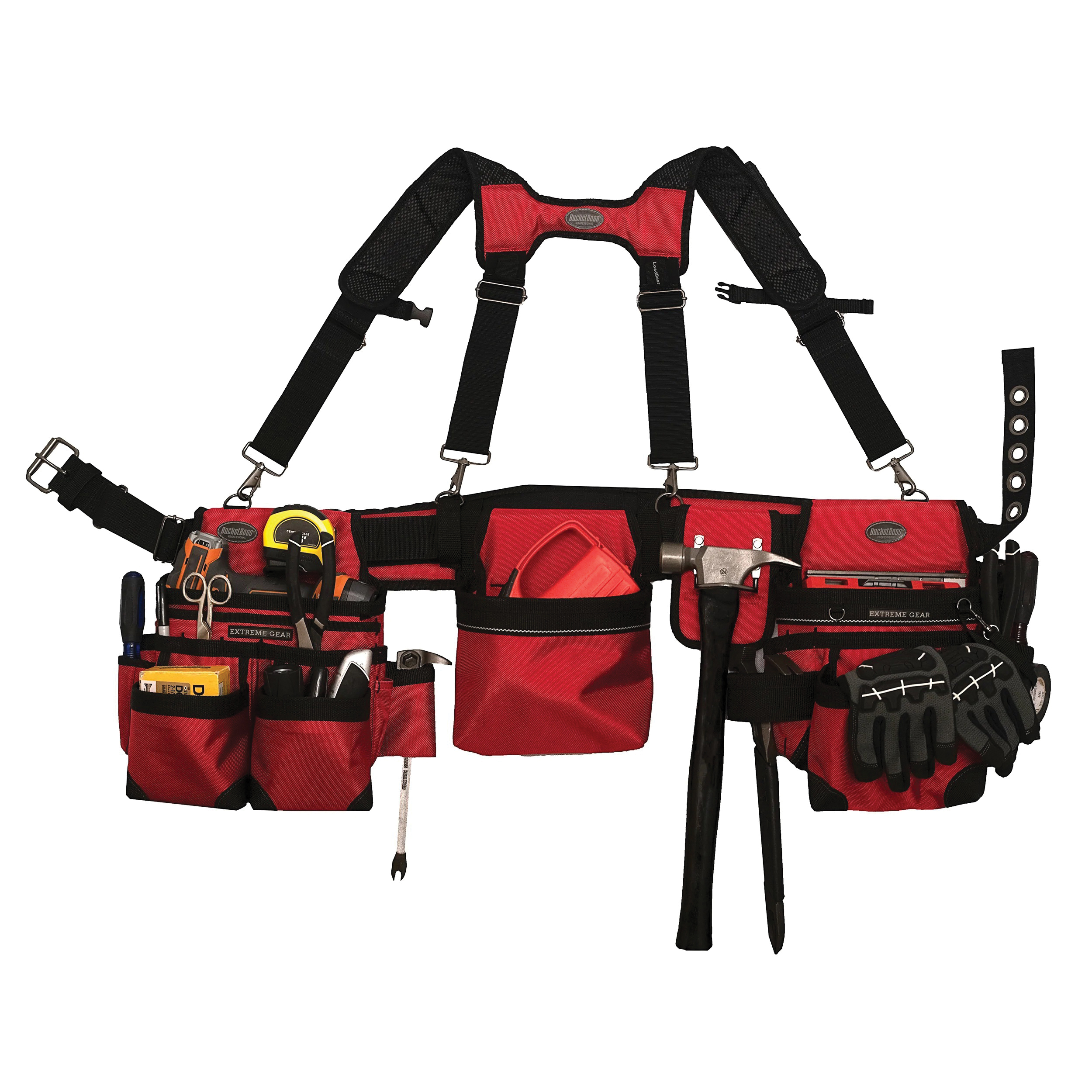 Bucket Boss 55185-RD Tool Belt with Suspender, 52 in Waist, Poly, Red, 28-Pocket