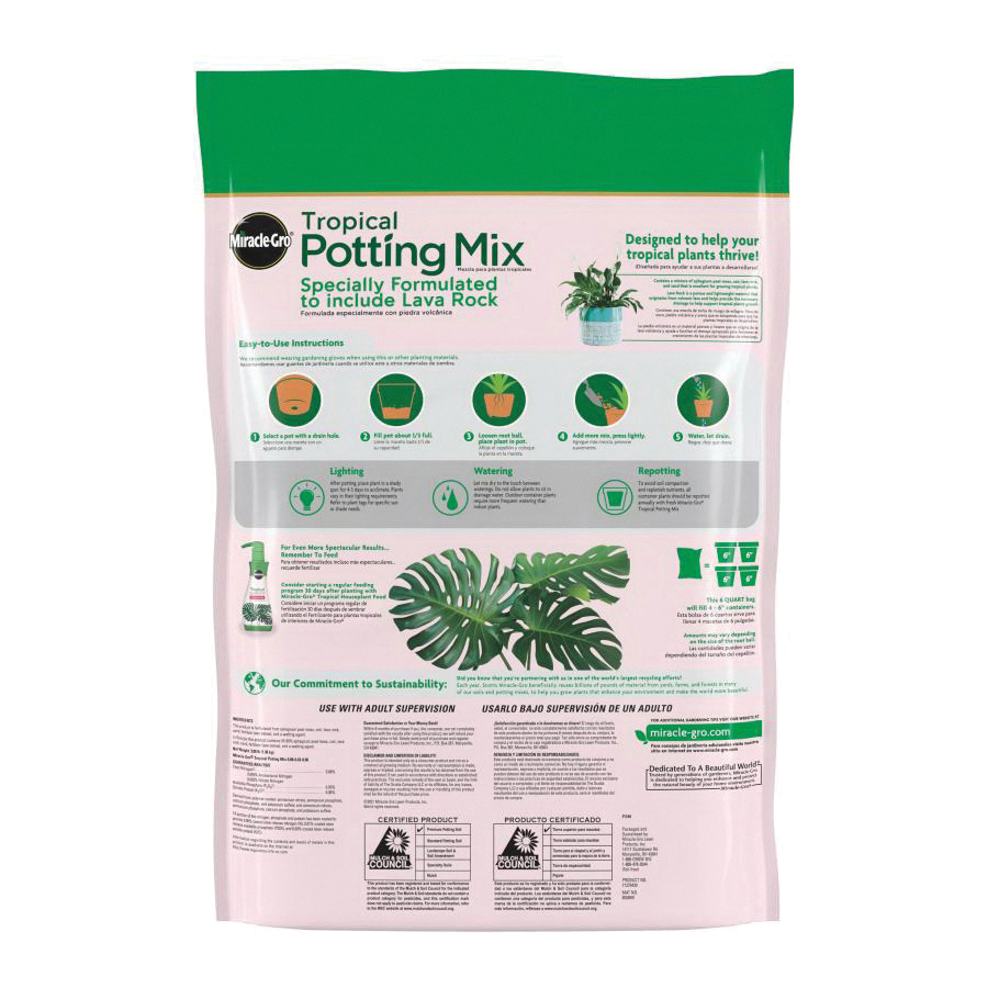 Miracle-Gro 71276431 Series Tropical Potting Mix, 6 qt Bag, Solid - 2