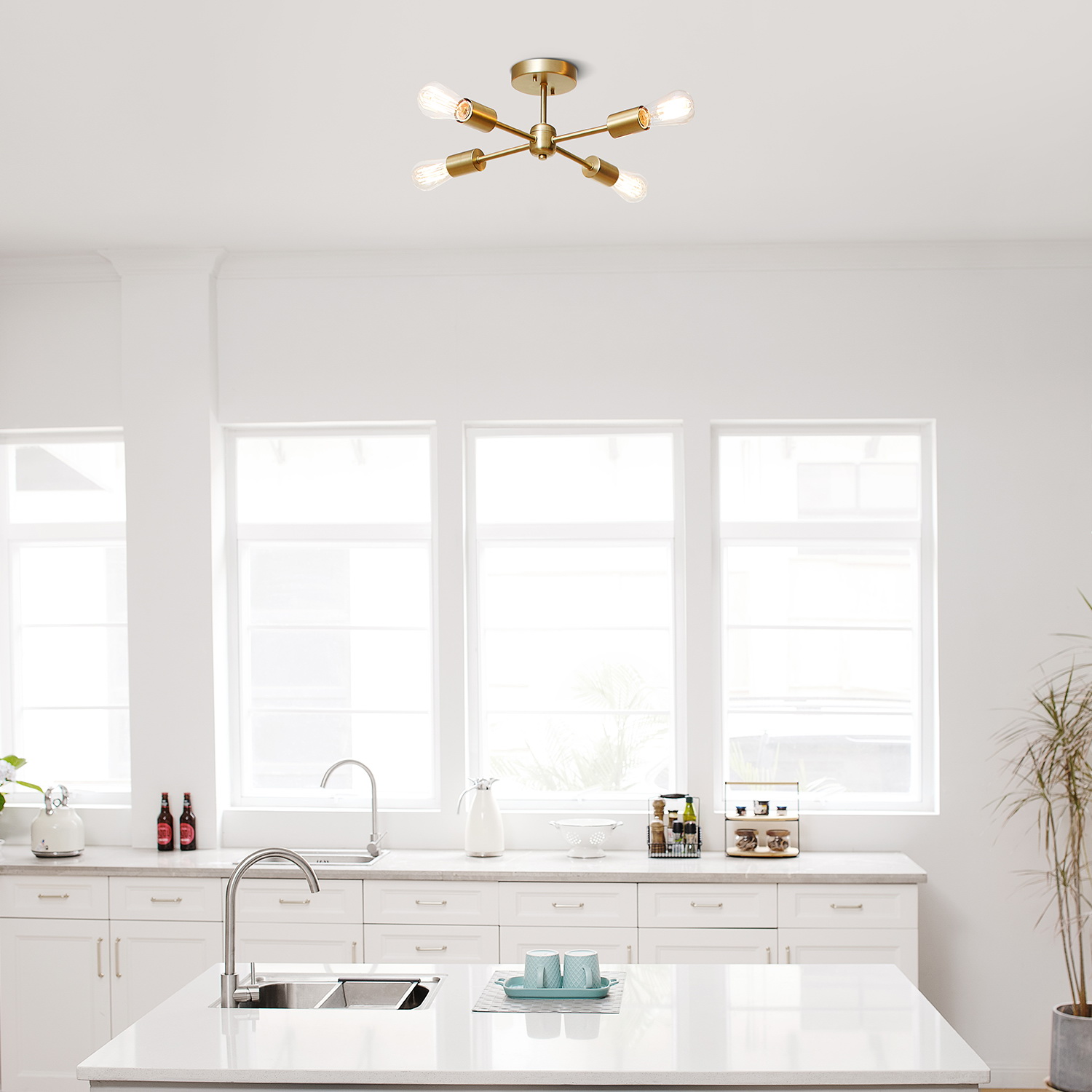 Vane Semi-Flush Ceiling Light, Globe, 17 in Dia, 4-Light, Gold - 4