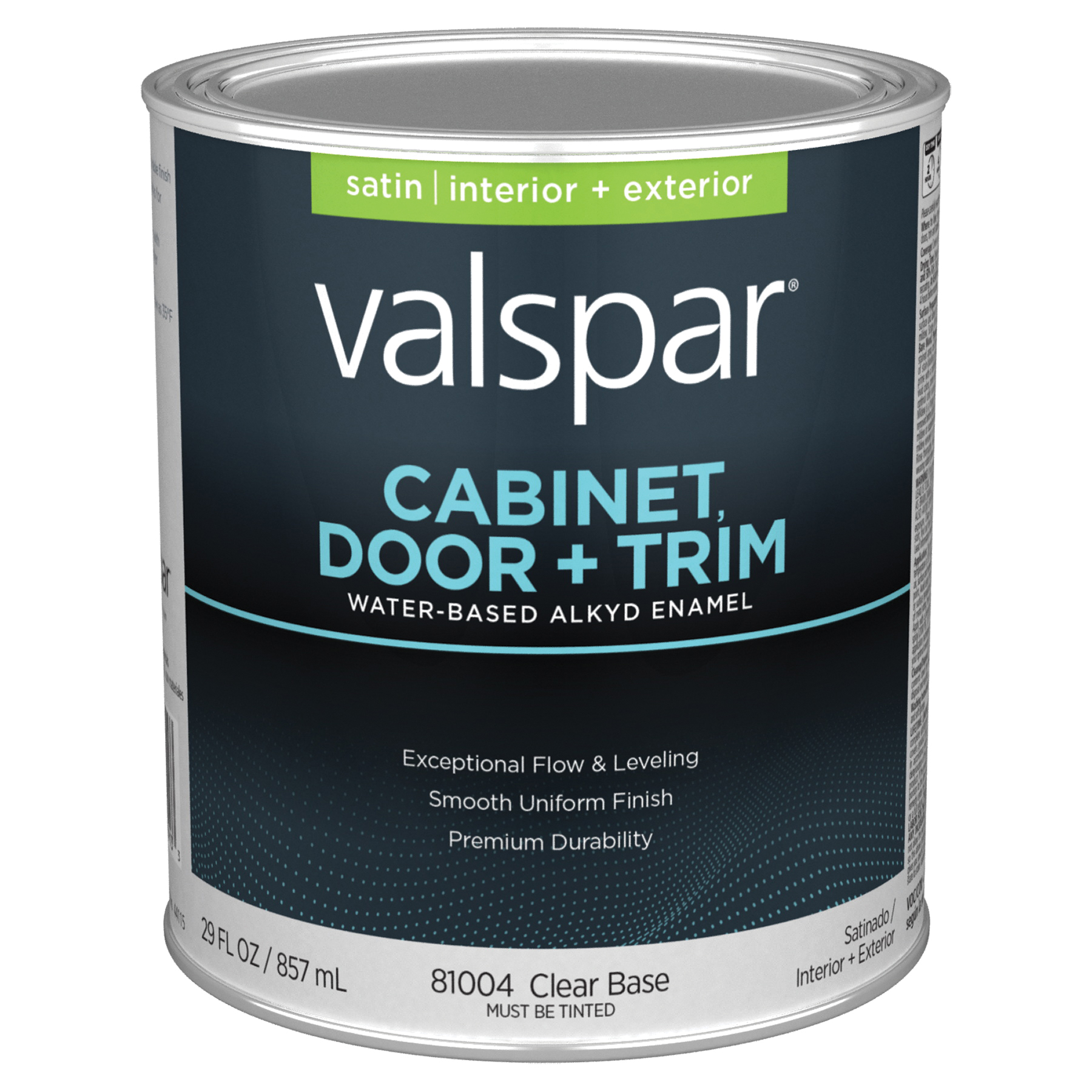 Valspar 8100 028.0081004.005 Cabinet, Door and Trim Paint Enamel, Water Base, Satin Sheen, Clear Base, 1 qt
