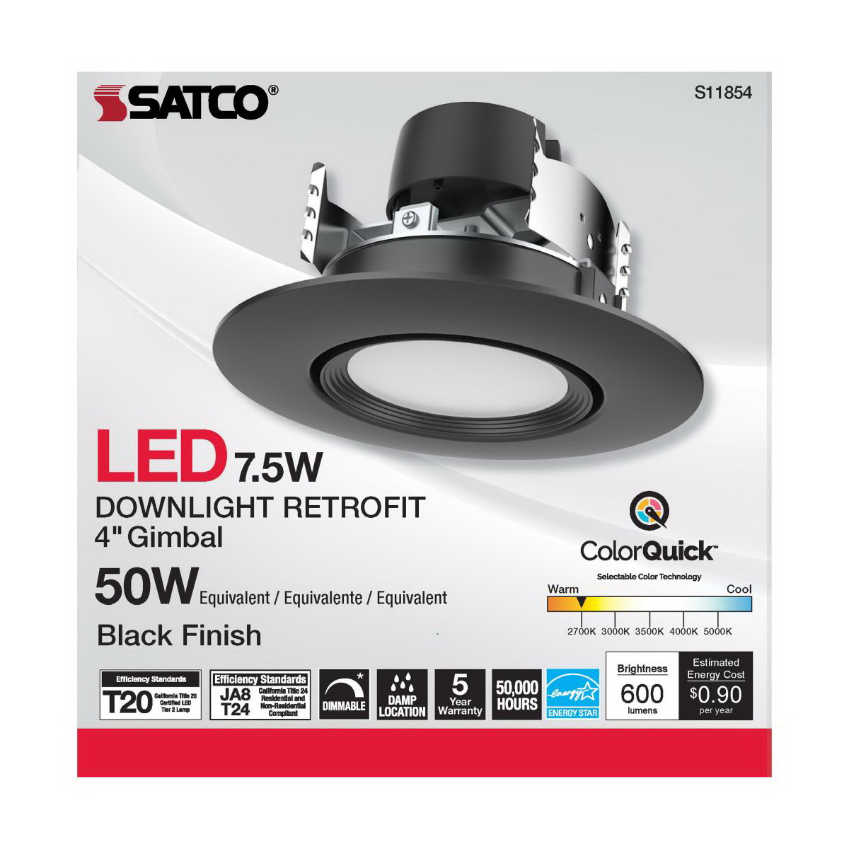 LED Retrofit Downlight, Satco, 4 in, Gimbaled, 50 Watt Equivalent, 600 Lumen, CCT, Black - 4