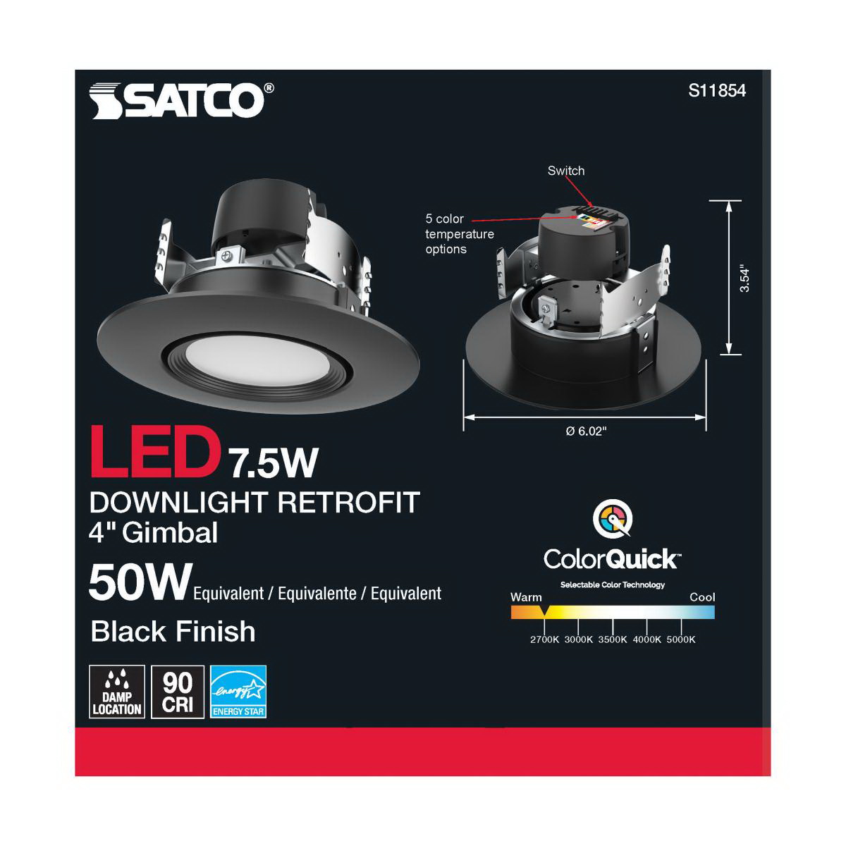 LED Retrofit Downlight, Satco, 4 in, Gimbaled, 50 Watt Equivalent, 600 Lumen, CCT, Black - 5