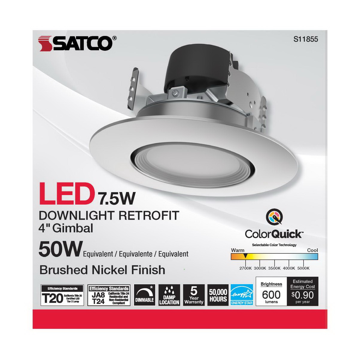 LED Retrofit Downlight, Satco, 4 in, Gimbaled, 50 Watt Equivalent, 600 Lumen, CCT, Brushed Nickel - 4
