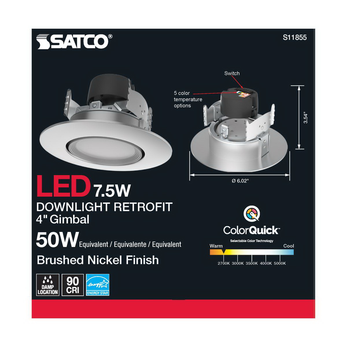 LED Retrofit Downlight, Satco, 4 in, Gimbaled, 50 Watt Equivalent, 600 Lumen, CCT, Brushed Nickel - 5