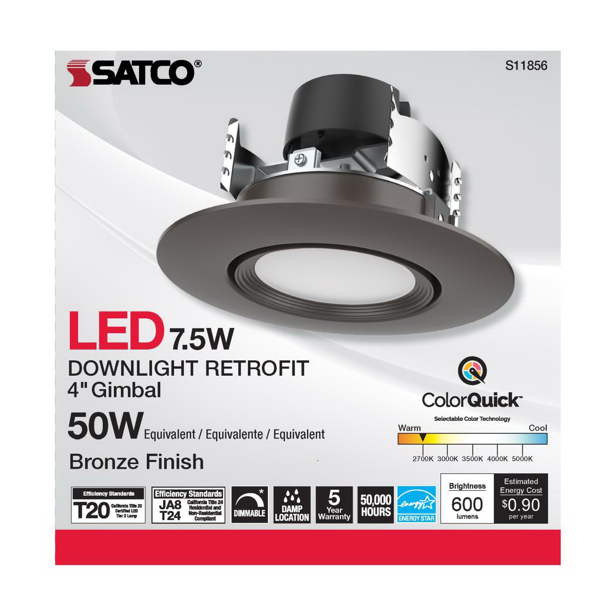 LED Retrofit Downlight, Satco, 4 in, Gimbaled, 50 Watt Equivalent, 600 Lumen, CCT, Bronze - 4