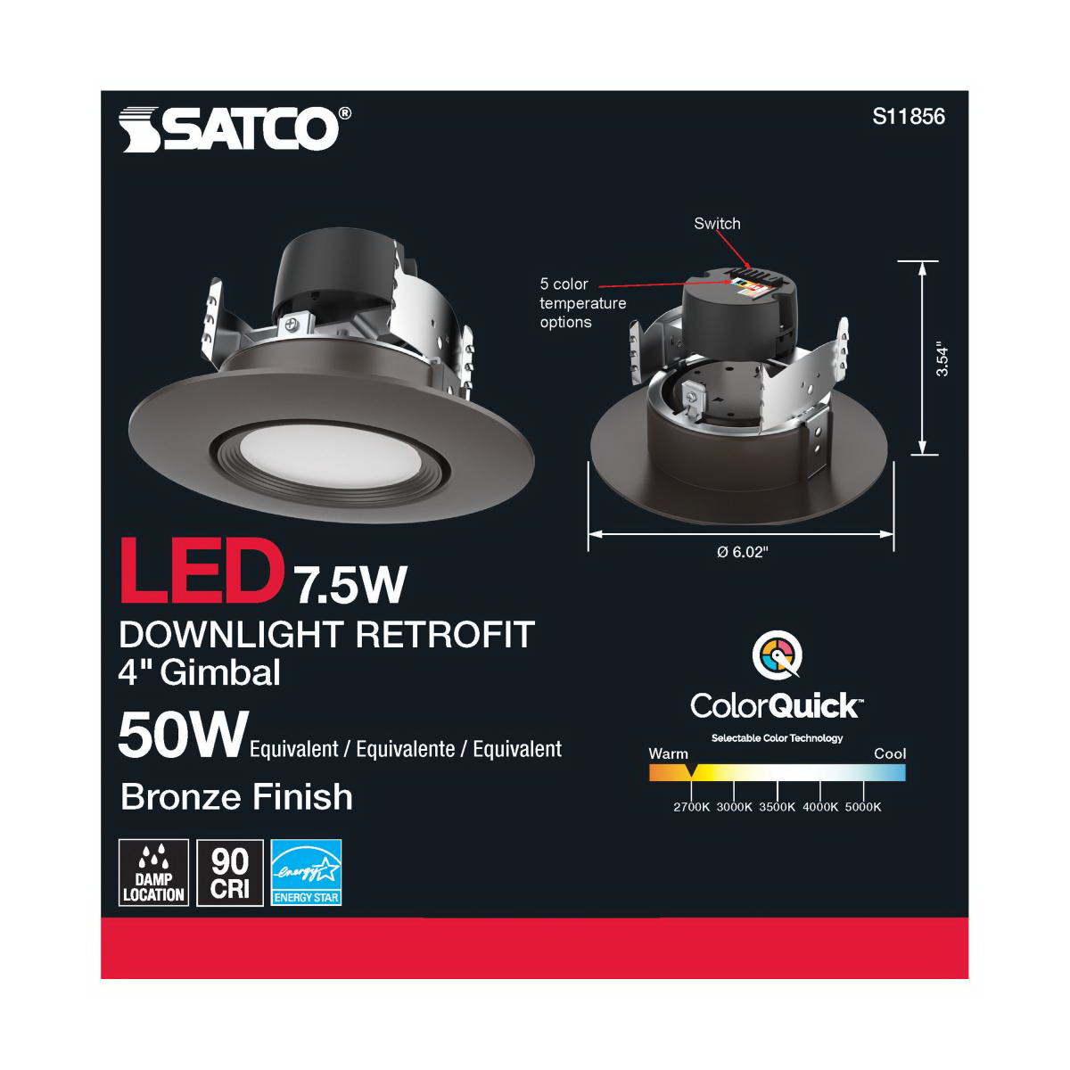 LED Retrofit Downlight, Satco, 4 in, Gimbaled, 50 Watt Equivalent, 600 Lumen, CCT, Bronze - 5