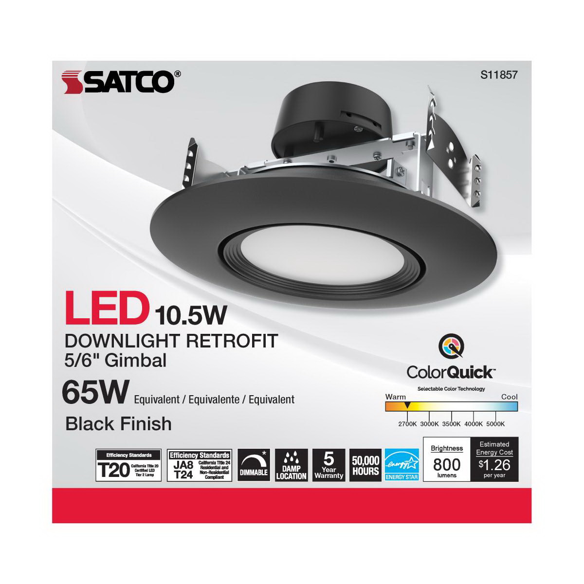 LED Retrofit Downlight, Satco, 5-6 in, Gimbaled, 65 Watt Equivalent, 800 Lumen, CCT, Black - 4