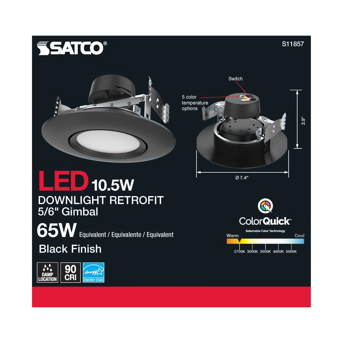 LED Retrofit Downlight, Satco, 5-6 in, Gimbaled, 65 Watt Equivalent, 800 Lumen, CCT, Black - 5