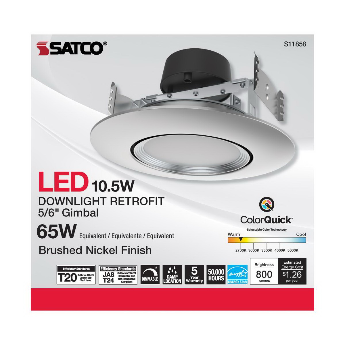 LED Retrofit Downlight, Satco, 5-6 in, Gimbaled, 65 Watt Equivalent, 800 Lumen, CCT, Brushed Nickel - 4