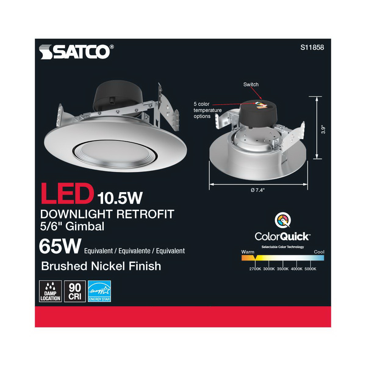 LED Retrofit Downlight, Satco, 5-6 in, Gimbaled, 65 Watt Equivalent, 800 Lumen, CCT, Brushed Nickel - 5