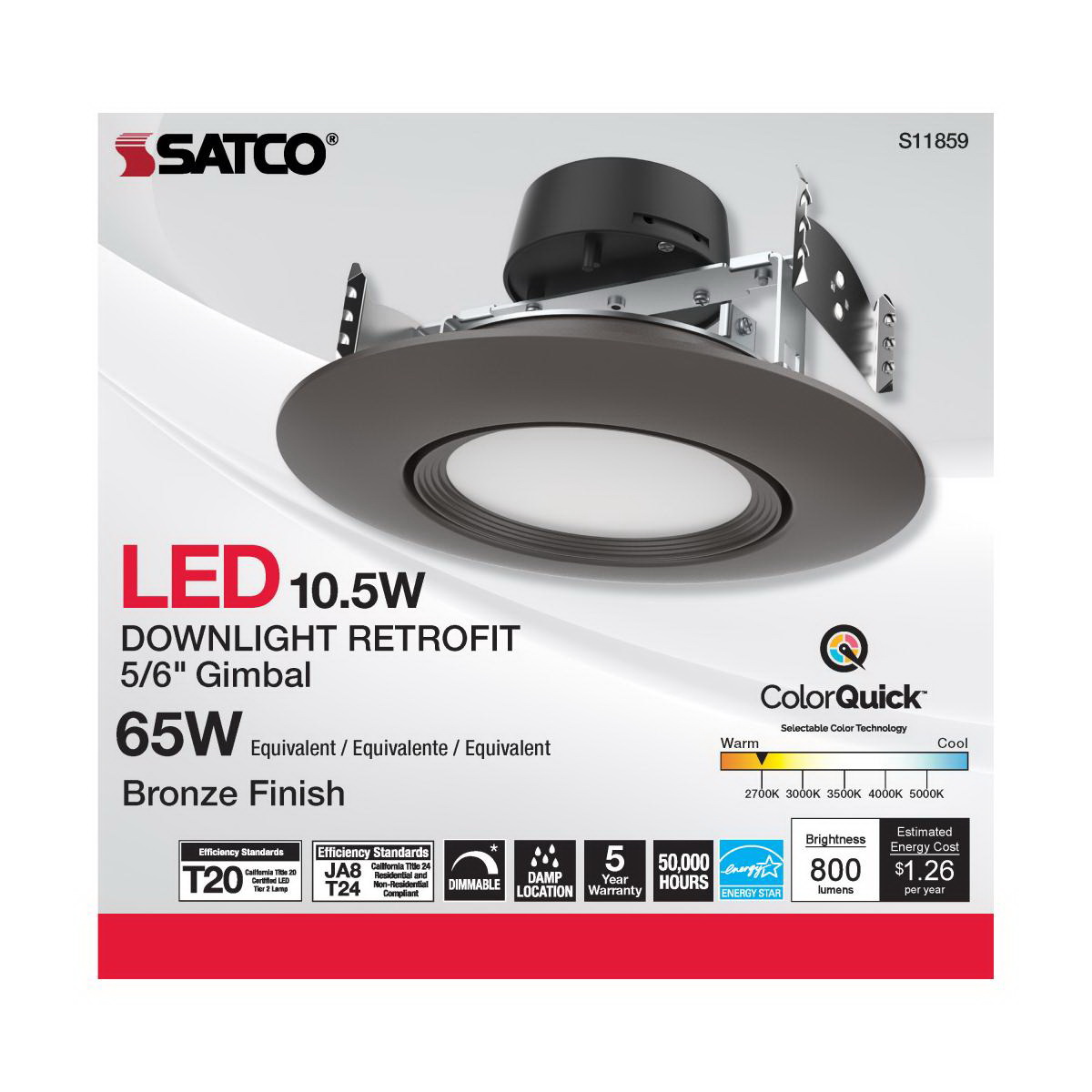 LED Retrofit Downlight, Satco, 5-6 in, 65 Watt Equivalent, 800 Lumen, 2700 Kelvin, Bronze - 4