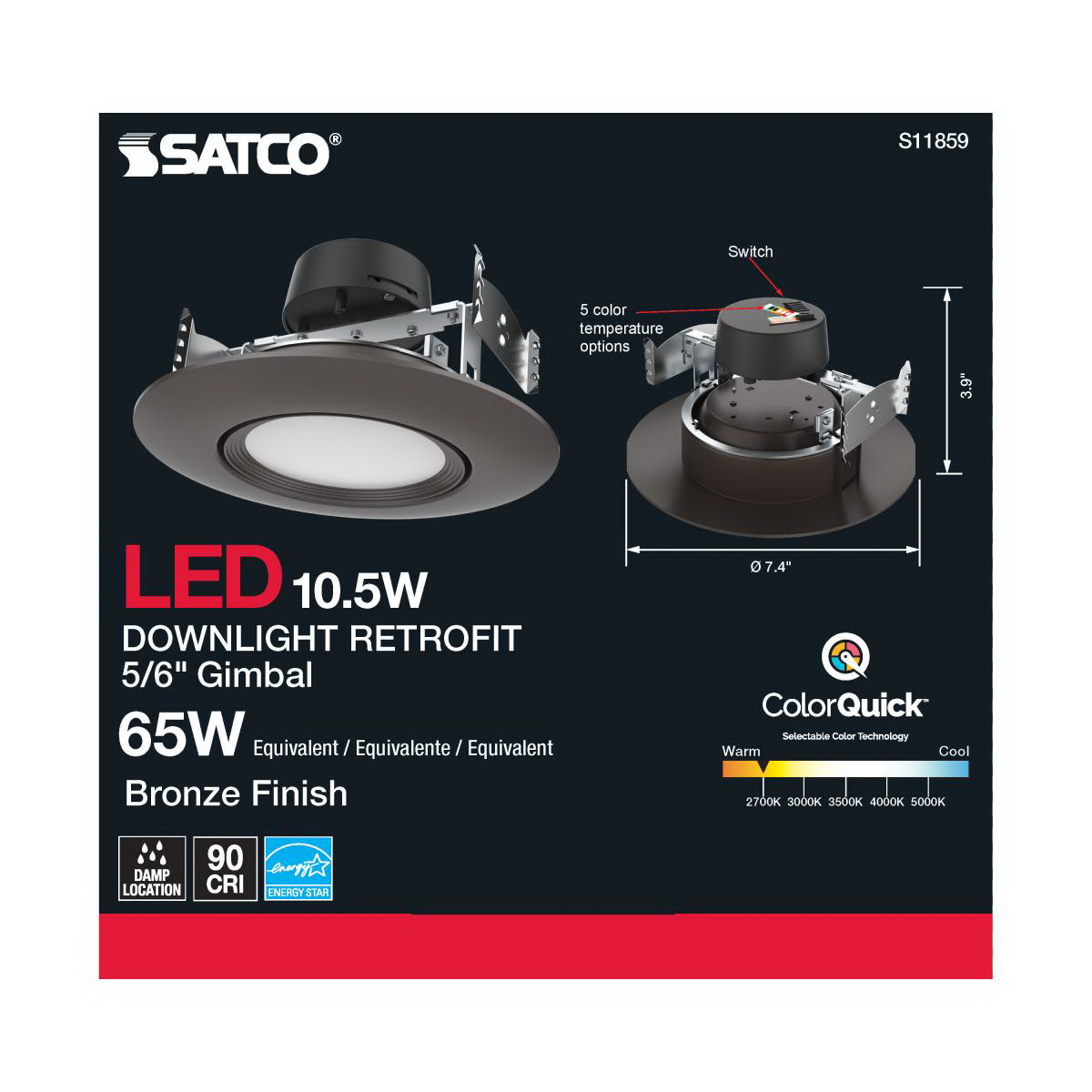LED Retrofit Downlight, Satco, 5-6 in, 65 Watt Equivalent, 800 Lumen, 2700 Kelvin, Bronze - 5