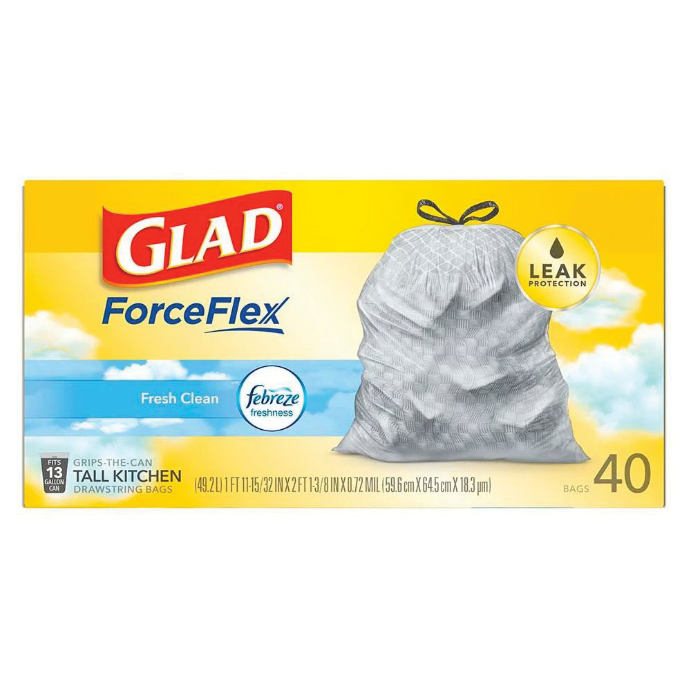 Glad ForceFlex 78554 Tall Kitchen Trash Bag, 13 gal, Polyethylene Resin, Gray