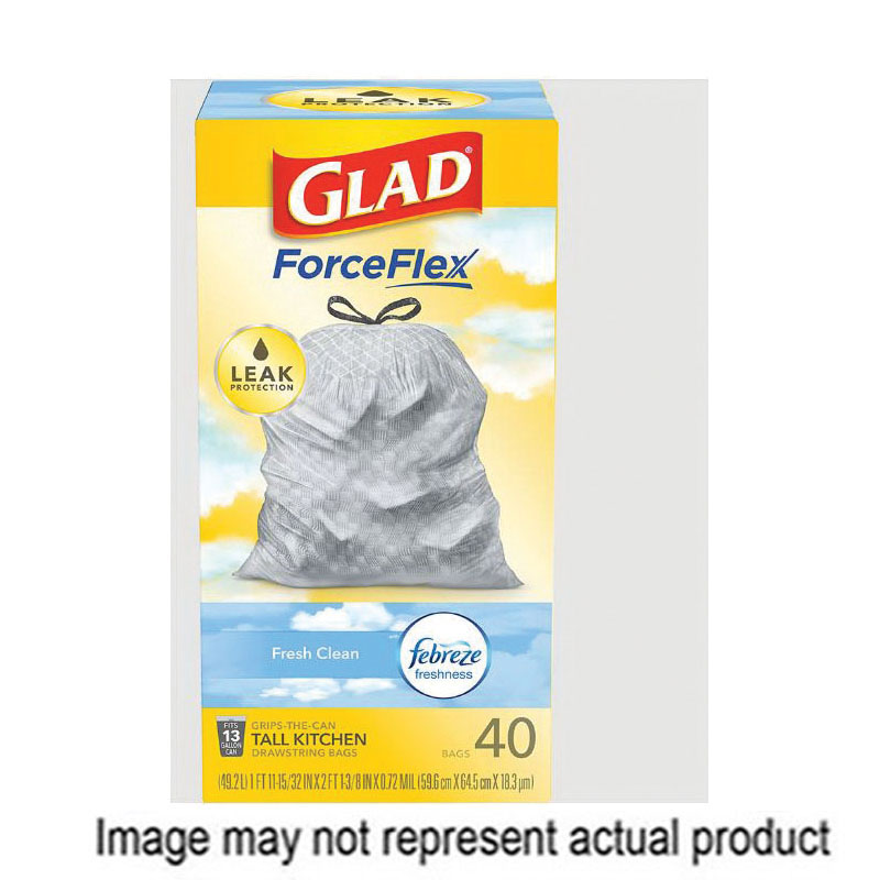 Glad ForceFlex 78554 Tall Kitchen Trash Bag, 13 gal, Polyethylene Resin, Gray