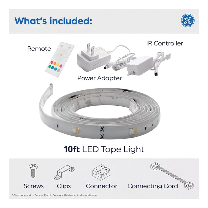 GE 93129120 Color-Changing Tape Light Kit, 120 V, 18 W, LED Lamp, RGBW Light, 1600 Lumens, 3800 K Color Temp