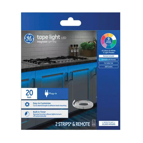 GE 93129120 Color-Changing Tape Light Kit, 120 V, 18 W, LED Lamp, RGBW Light, 1600 Lumens, 3800 K Color Temp