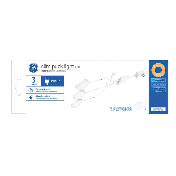GE 93129183 Slim Puck Light, 120 V, 12 W, LED Lamp, 750 Lumens, 3000 K Color Temp, Plastic Fixture, White Fixture