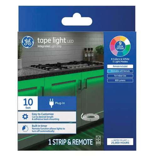 GE 93129119 Color-Changing Tape Light Kit, 120 V, 10 W, LED Lamp, RGBW Light, 800 Lumens, 3800 K Color Temp