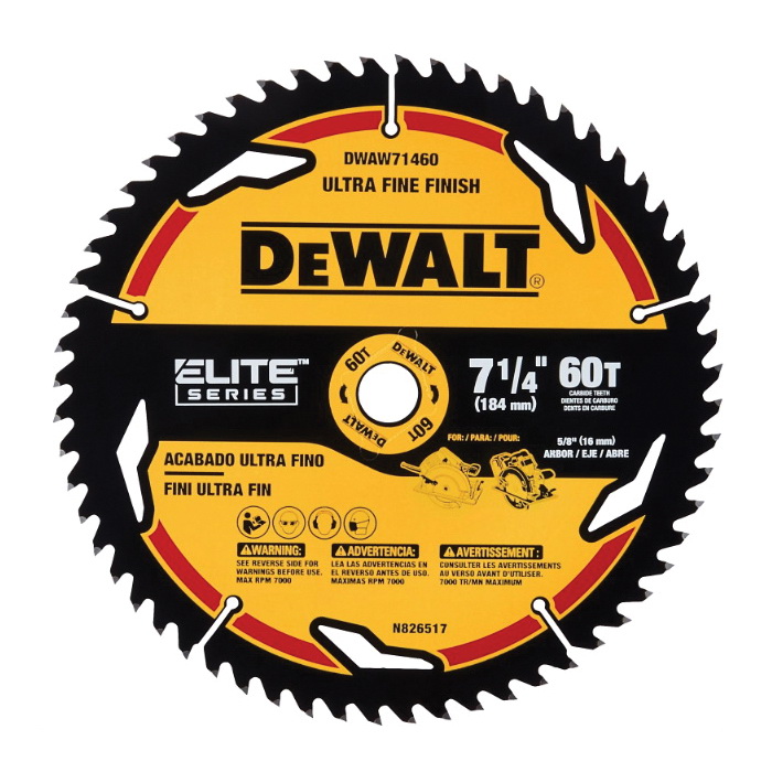 ELITE Series DWAW71460 Circular Saw Blade, 7-1/4 in Dia, 5/8 in Arbor, 60-Teeth, Tungsten Carbide Cutting Edge