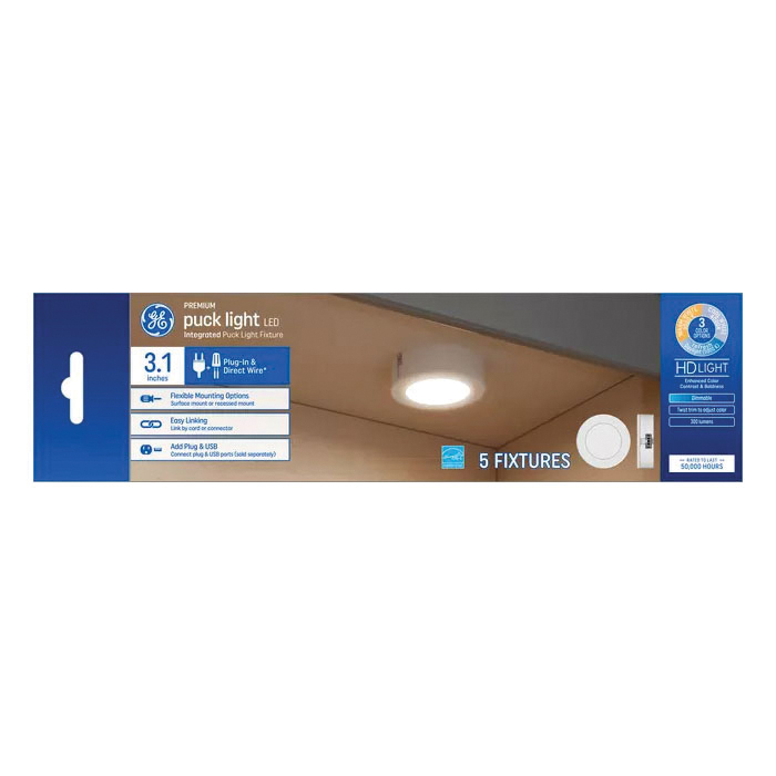 GE 93129104 Color-Changing Puck Light, 3.1 in L Dimensions, 120 V, 4 W, LED Lamp, 300 Lumens, White Fixture, 5/PK