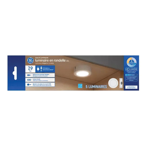 GE 93129104 Color-Changing Puck Light, 3.1 in L Dimensions, 120 V, 4 W, LED Lamp, 300 Lumens, White Fixture, 5/PK