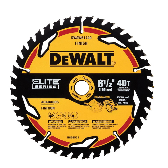 ELITE Series DWAW61240 Circular Saw Blade, 6-1/2 in Dia, 5/8 in Arbor, 40-Teeth, Tungsten Carbide Cutting Edge