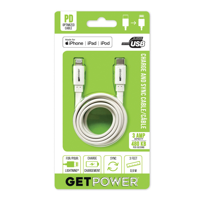 GP-USBC-ACL Sync and Charging Cable, USB Type C, Lightning, White, 3 ft L