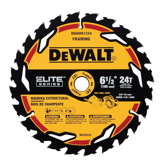 ELITE Series DWAW61224 Circular Saw Blade, 6-1/2 in Dia, 5/8 in Arbor, 24-Teeth, Tungsten Carbide Cutting Edge