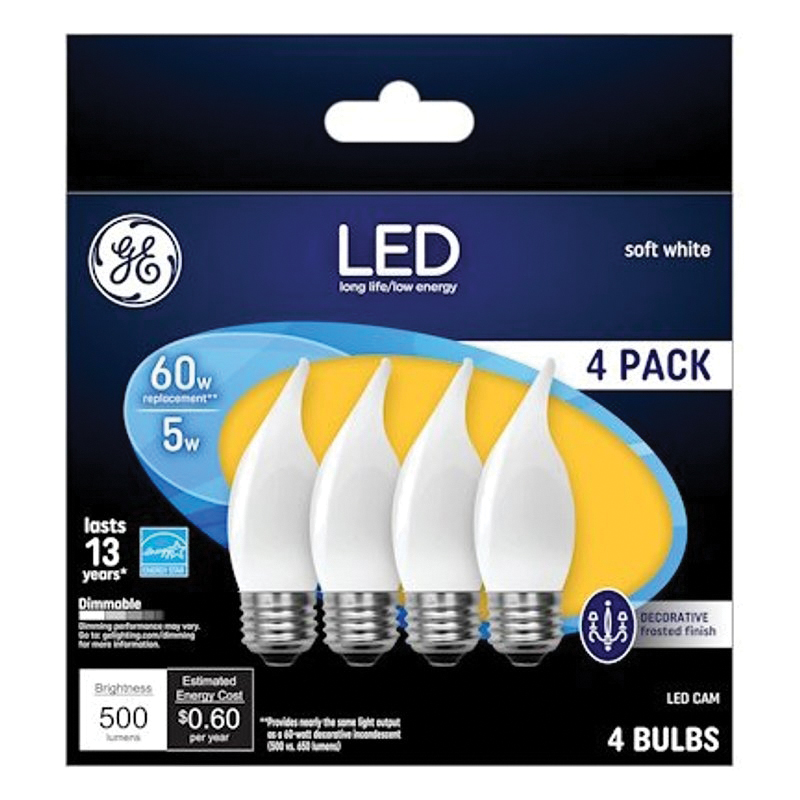 93129351 LED Bulb, Flame Lamp, 60 W Equivalent, Medium Lamp Base, Dimmable, Frosted, Warm White Light