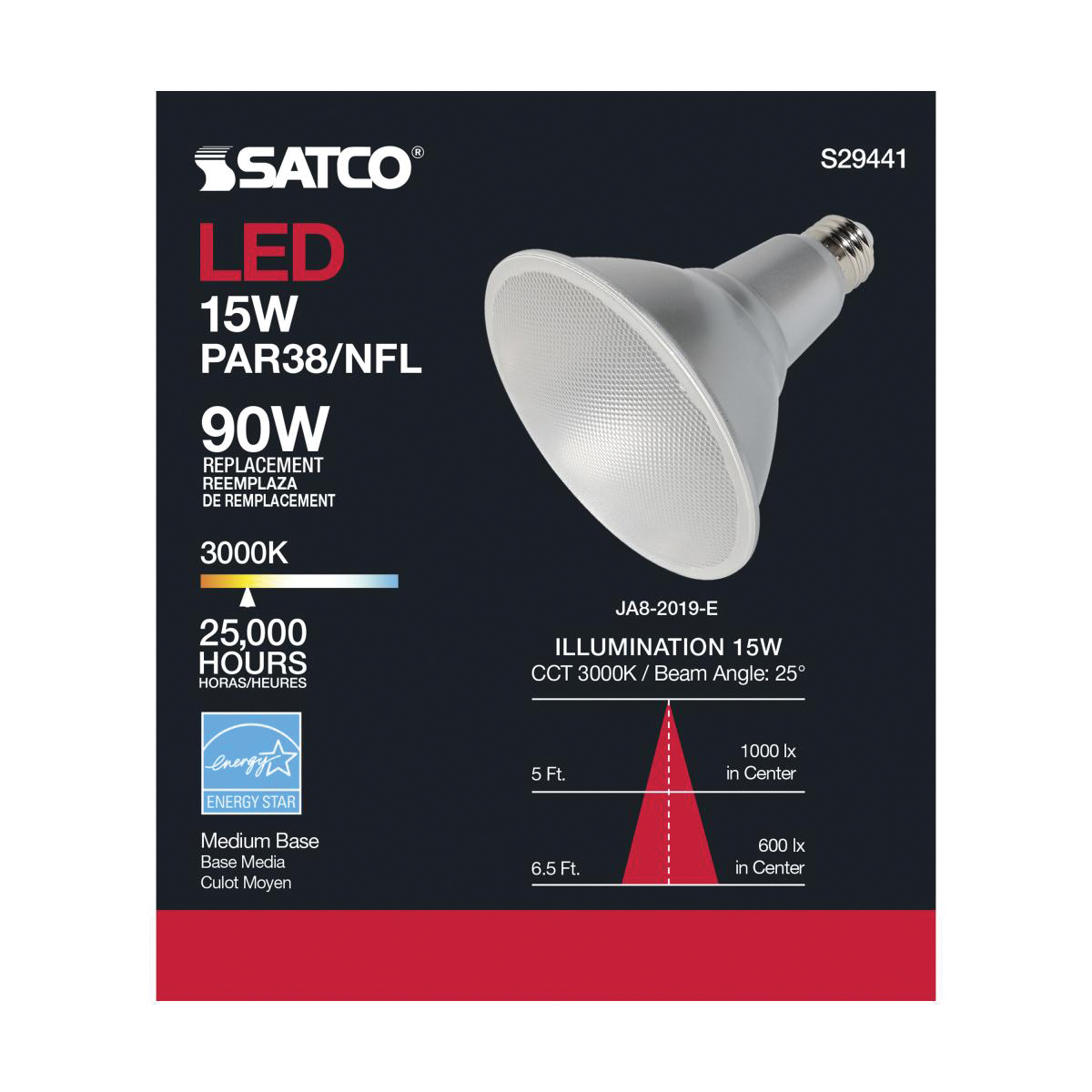 Satco S29441 LED Bulb, 1200 Lumens, 15 W, PAR38 Lamp, 90 W Equivalent, E26 Medium Lamp Base, Dimmable, Soft White, 1 EA