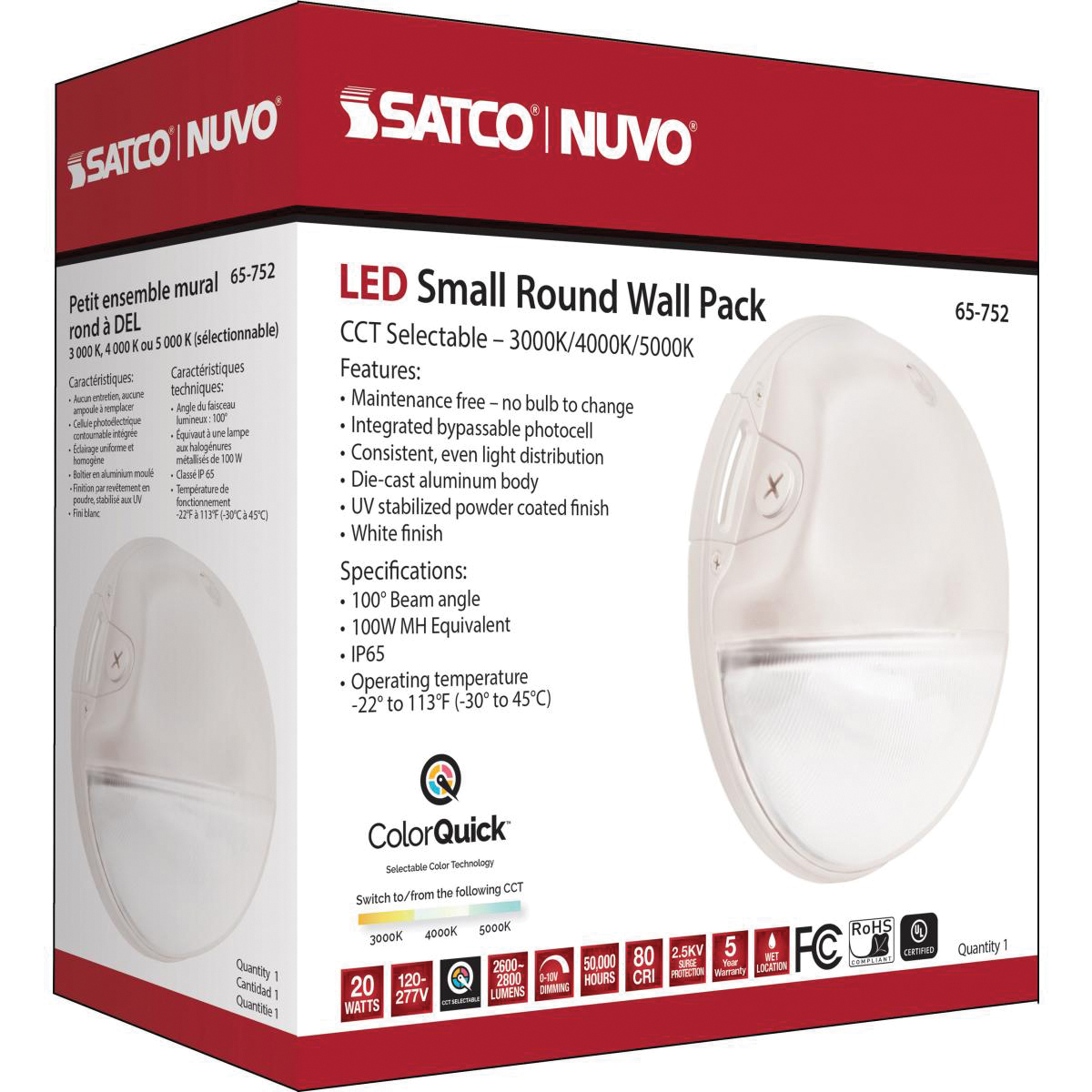 Nuvo Lighting 65-752 Small Round Wall Pack, 120 to 277 V, 20 W, LED Lamp, 100 deg Beam, 2600 to 2800 Lumens, 1/BX - 1