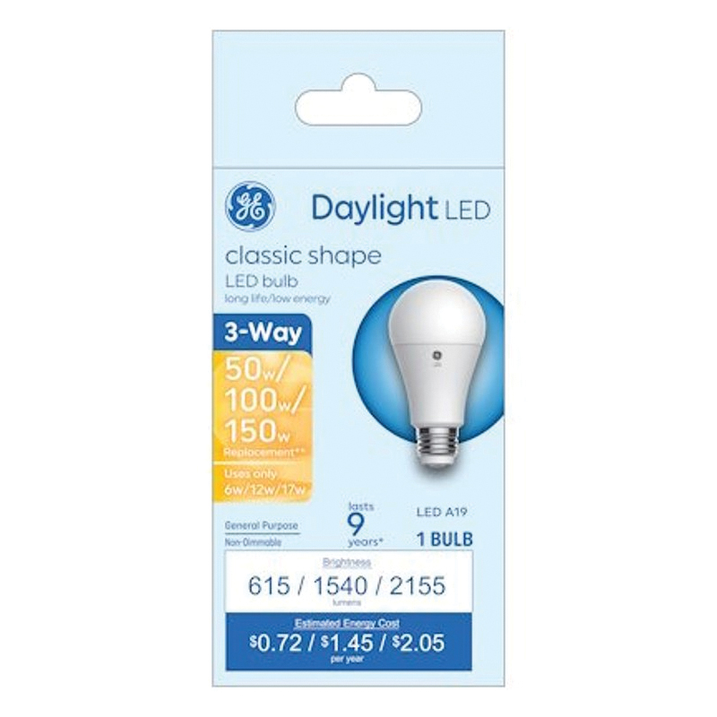 93130568 LED Bulb, 3-Way, A19 Lamp, 50/100/150 W Equivalent, Medium Lamp Base, DayLight, 5000 K Color Temp