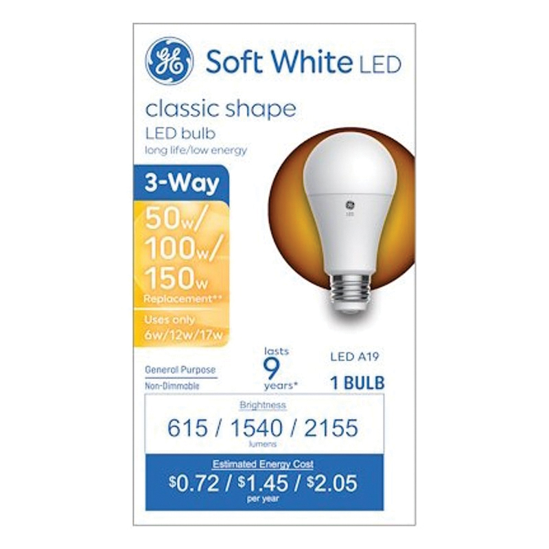 GE 93130566 LED Bulb, 3-Way, A19 Lamp, 50/100/150 W Equivalent, Medium Lamp Base, Soft White Light, 2700 K Color Temp