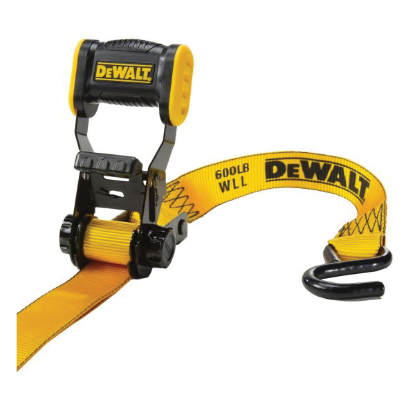 Tie Down Strap, Dewalt, 1-1/4 in W, 12 ft L, Polyester, Yellow, 600 lb Working Load, S-Hook End, 2/PK - 2