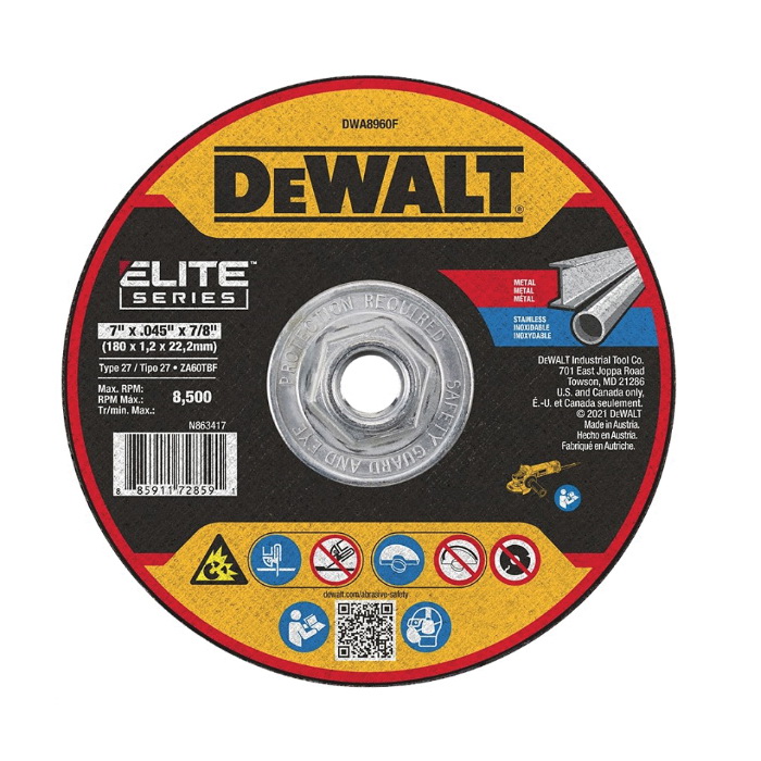 ELITE Series DWA8960F Cutting Wheel, 7 in Dia, 0.045 in Thick, 7/8 in Arbor, 60 Grit, Zirconia Alumina Abrasive