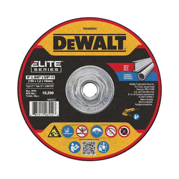 ELITE Series DWA8959H Cutting Wheel, 6 in Dia, 0.045 in Thick, 5/8-11 Arbor, 46 Grit, Ceramic Abrasive