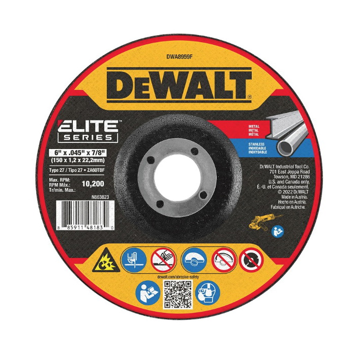 ELITE Series DWA8959F Cutting Wheel, 6 in Dia, 0.045 in Thick, 7/8 in Arbor, Ceramic Abrasive