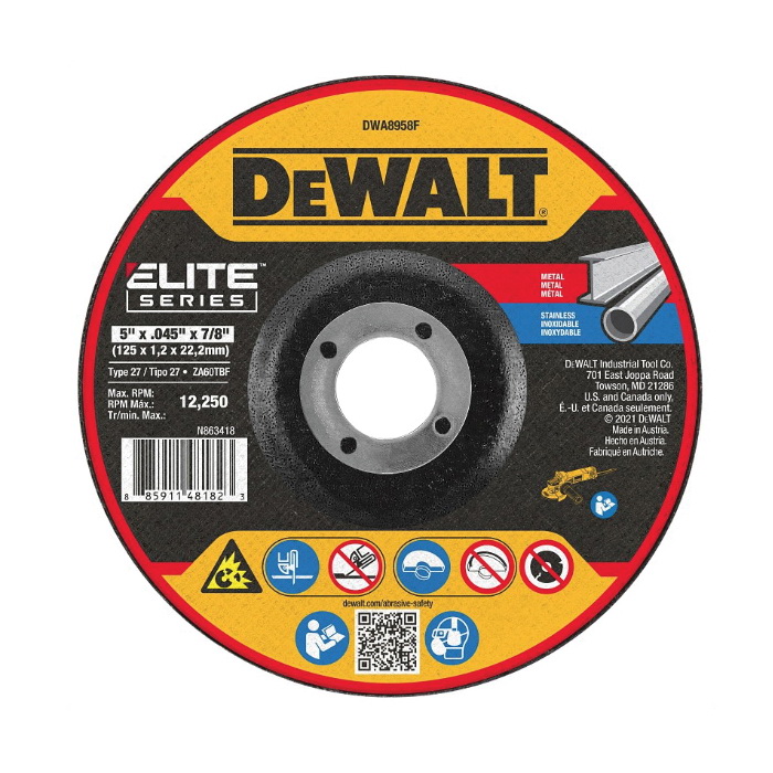 DeWALT ELITE Series DWA8958F Cutting Wheel, 5 in Dia, 0.045 in Thick, 7/8 in Arbor, 60 Grit, Zirconia Alumina Abrasive