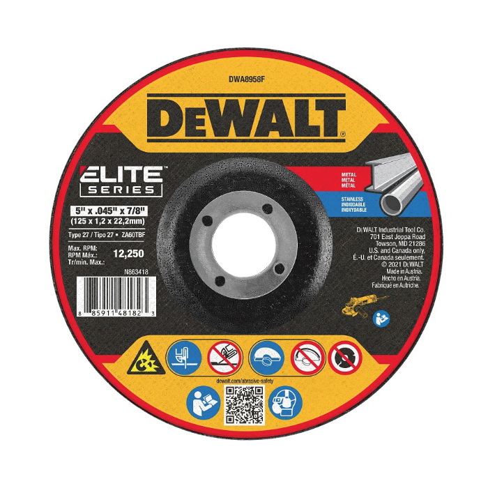 ELITE Series DWA8958F Cutting Wheel, 5 in Dia, 0.045 in Thick, 7/8 in Arbor, 60 Grit, Zirconia Alumina Abrasive