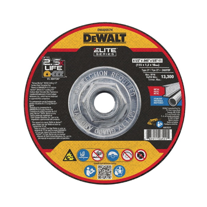 DeWALT ELITE Series DWA8957H Cutting Wheel, 4-1/2 in Dia, 0.045 in Thick, 5/8-11 Arbor, 46 Grit, Ceramic Abrasive