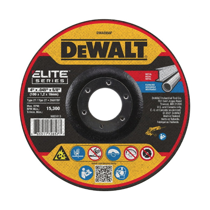 ELITE Series DWA8956F Cutting Wheel, 4 in Dia, 0.045 in Thick, 5/8 in Arbor, 60 Grit, Zirconia Alumina Abrasive