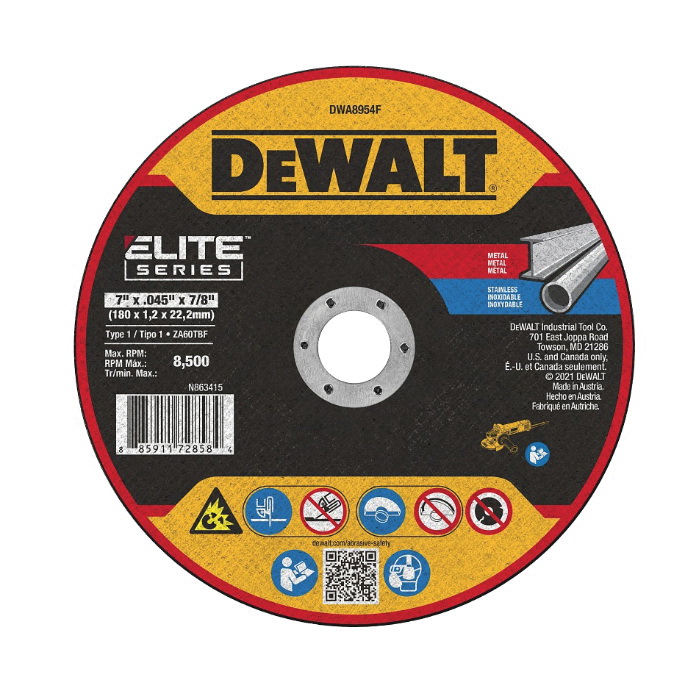 ELITE Series DWA8954F Cutting Wheel, 7 in Dia, 0.045 in Thick, 7/8 in Arbor, 60 Grit, Zirconia Alumina Abrasive