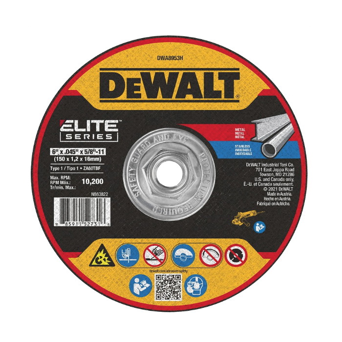 ELITE Series DWA8953H Cutting Wheel, 6 in Dia, 0.045 in Thick, 5/8-11 Arbor, 46 Grit, Ceramic Abrasive