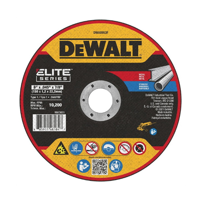 DeWALT ELITE Series DWA8953F Cutting Wheel, 6 in Dia, 0.04 in Thick, 7/8 in Arbor, Ceramic Abrasive