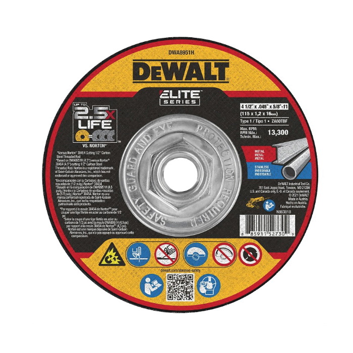 ELITE Series DWA8951H Cutting Wheel, 4-1/2 in Dia, 0.045 in Thick, 5/8-11 Arbor, 46 Grit, Ceramic Abrasive