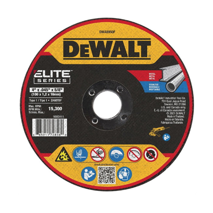 ELITE Series DWA8950F Cutting Wheel, 4 in Dia, 0.045 in Thick, 5/8 in Arbor, 60 Grit, Zirconia Alumina Abrasive