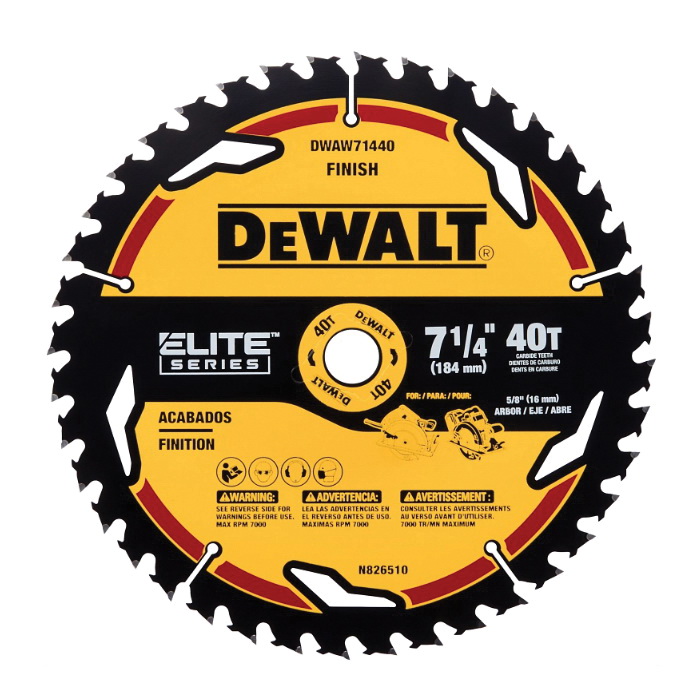 ELITE Series DWAW71440 Circular Saw Blade, 7-1/4 in Dia, 5/8 in Arbor, 40-Teeth, Tungsten Carbide Cutting Edge