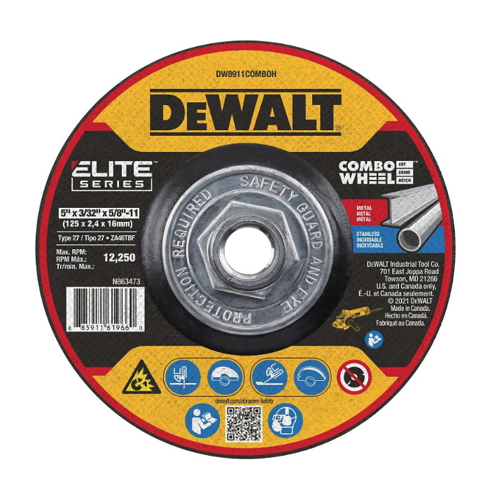 ELITE Series DW8911COMBOH Cutting Wheel, 5 in Dia, 0.093 in Thick, 5/8-11 Arbor, 24 Grit, Ceramic Abrasive